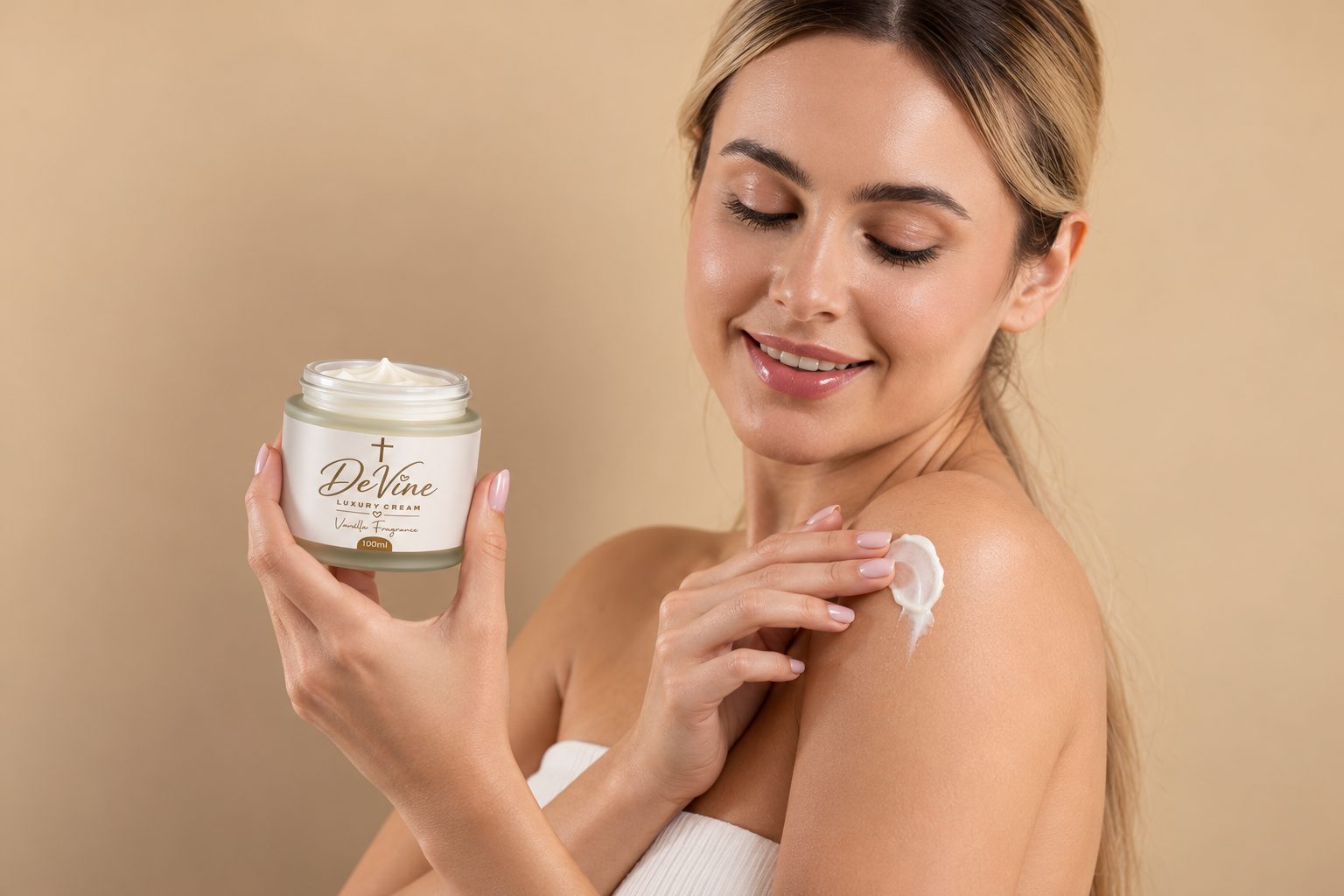 Smiling woman holding a jar of DeVine Vanilla Luxury Cream and smoothing cream onto her shoulder